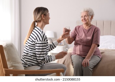 Young caregiver giving water to senior woman in bedroom. Home care service - Powered by Shutterstock