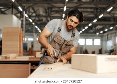 Young carpenter making wood furniture while working in joinery - Powered by Shutterstock