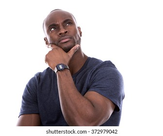 young casual black man wearing blue tshirt on white background