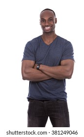 Young Casual Black Man Wearing Blue Tshirt On White Background