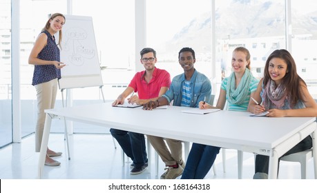 Young casual businesswoman presenting new project to partners - Shutterstock ID 168164318