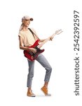 Young casual female playing an electric guitar and singing isolated on white background