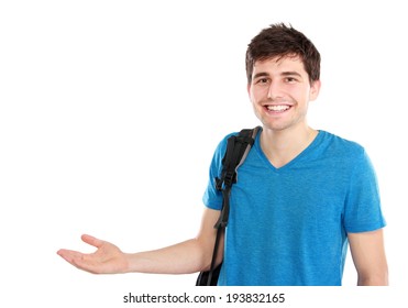 Young Casual Male Presenting Something With A Smile On His Face Against White Background