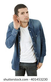 Young Casual Man Listening In White Background