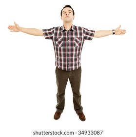 Young Casual Man With Open Arms, Isolated