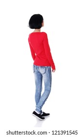 Young Casual Woman From Behind Looking Up, Isolated On White