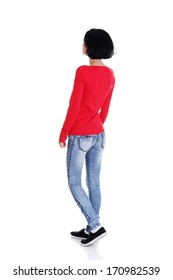 Young Casual Woman From Behind Looking Up, Isolated On White 