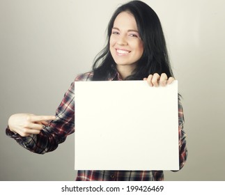 Young Casual Woman Happy Holding Blank Sign 