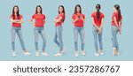 Young casual woman standing set of various poses, isolated