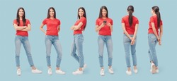 Young Casual Woman Standing Set Of Various Poses, Isolated