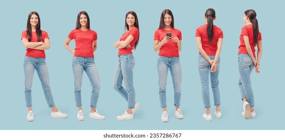 Young casual woman standing set of various poses, isolated