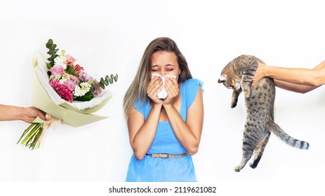 A Young Caucasian Blonde Woman With Allergy To Cats And Flowers Holding A Handkerchief. The Girl Sneezes From Allergy Covering The Nose With A Facial Tissue Isolated On White Background