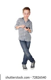 Young Caucasian Boy With Touch Phone On White Background