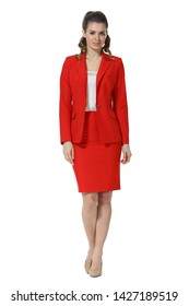 Young Caucasian Business Woman Executive Posing In Red Official Power Skirt Suit High Heels Stiletto Shoes Full Body Length Isolated On White Back View