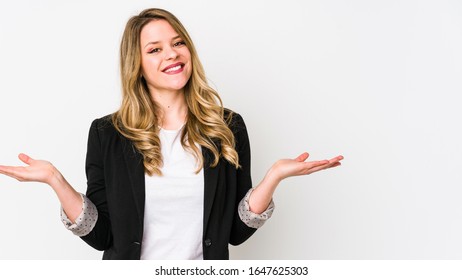 Young Caucasian Business Woman Isolated On White Background Young Caucasian Bussines Womanmakes Scale With Arms, Feels Happy And Confident.