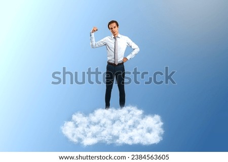 Young caucasian businessman standing on cloud. Blue sky background. Dream big, business and strategy, forethought and vision concept