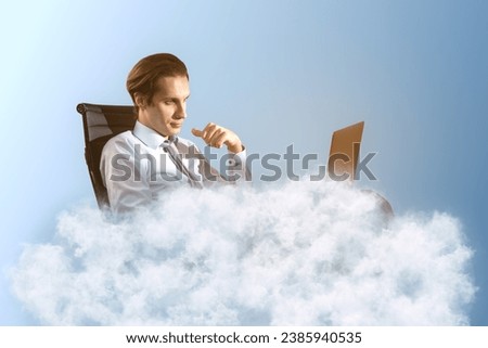 Young caucasian businessman using his laptop on cloud. Blue sky background. Dream big, business and strategy, forethought and vision concept