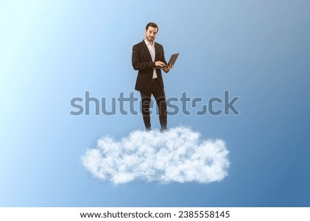Young caucasian businessman using laptop while standing on cloud. Blue sky background. Dream big, business and strategy, forethought and vision concept