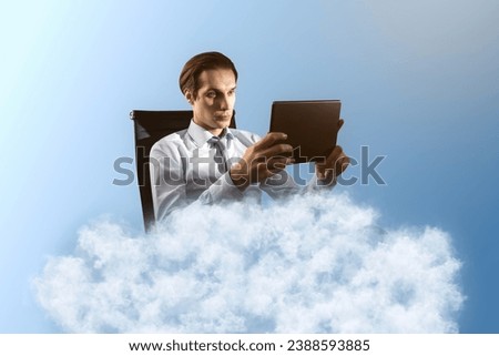 Young caucasian businessman using tablet on cloud. Blue sky background. Dream big, business and strategy, forethought and vision concept