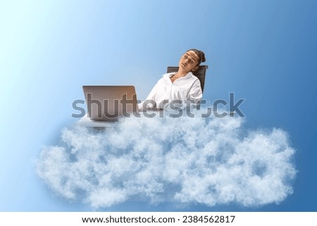 Young caucasian businesswoman sleeping at desk with laptop on cloud. Blue sky background. Dream big, business and strategy, forethought and vision concept