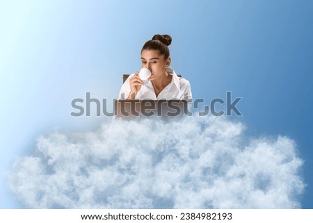 Young caucasian businesswoman using her laptop and drinking coffee on cloud. Blue sky background. Dream big, business and strategy, forethought and vision concept