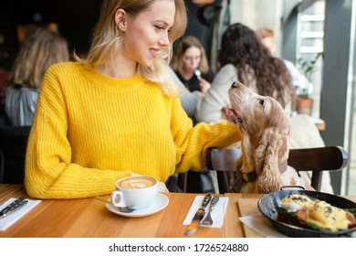 Young caucasian cheerful blonde girl sitting and hugging together with her lovely cocker spaniel dog in caffe at the table with lunch meal and cappuccino.