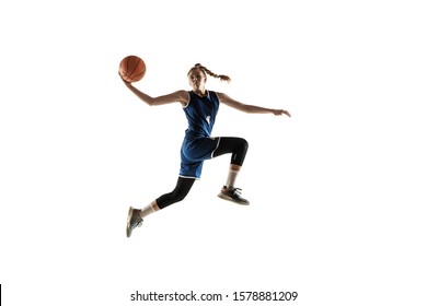 Young caucasian female basketball player of team in action, motion in jump isolated on white background. Concept of sport, movement, energy and dynamic, healthy lifestyle. Training, practicing. - Powered by Shutterstock