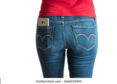 Young Caucasian Female Red T-shirt Modeling Smart Phone In Blue Jeans Pocket No Face Isolated On White 2020