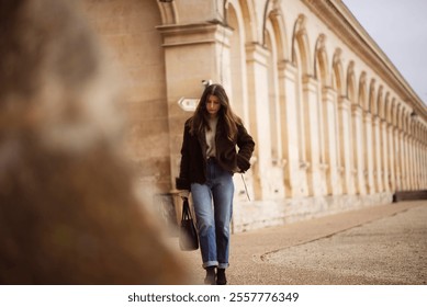 Young caucasian female walking in jeans and jacket by historic stone building. - Powered by Shutterstock