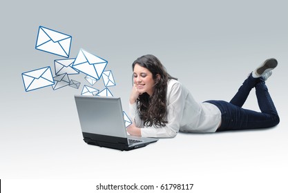 Young Caucasian Girl On Floor Send Email By Her Laptop