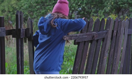 Young Caucasian Girl Taking Shortcut Squeezing Through Hole In Damaged Wooden Fence And Trespassing Private Property