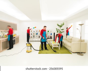 Young Caucasian Handsome Man Cleaning Living Room In Different Places At The Same Time, Digital Composite Image