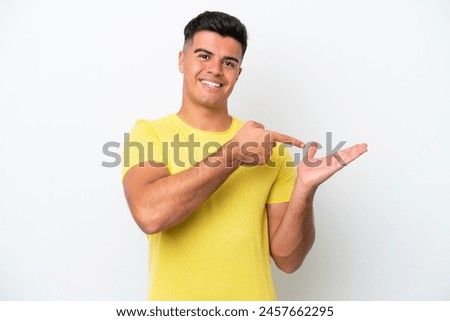 Similar – Image, Stock Photo Funny young man on brick wall with open hands