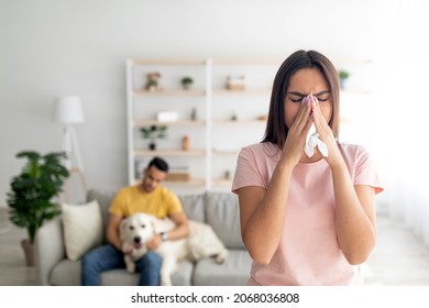 Young Caucasian Lady Feeling Unwell, Having Cold, Sneezing In Paper Tissue, Her Boyfriend With Pet Dog On Background, Copy Space. Seasonal Allergy, Flu Or Coronavirus Concept