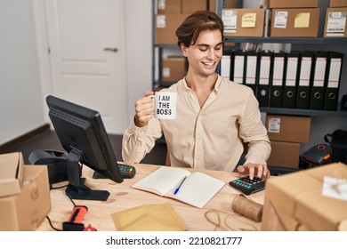 Young Caucasian Man Ecommerce Business Worker Drinking Coffee Using Calculator At Office