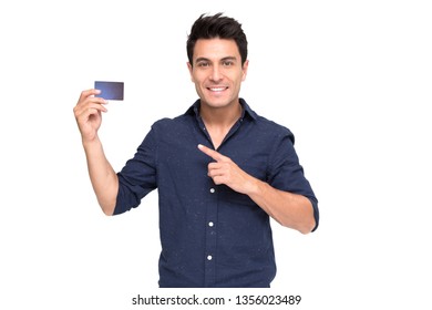 Young Caucasian Man Holding Personal Insurance Card Isolated On White Background