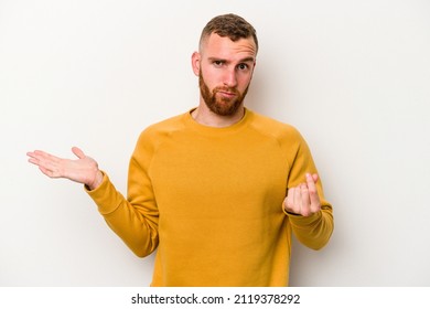 Young Caucasian Man Isolated On White Background Showing That She Has No Money.