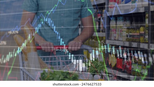 Young Caucasian man pushing shopping cart filled with groceries. Supermarket shelves in background, with stock market graphs overlaid, showing economic trends - Powered by Shutterstock