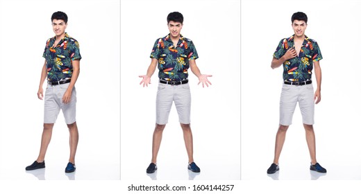 Young Caucasian Man In Summer Tropical Printed Polo Shirt White Short Stand And Pose In Many Action With Feeling Happy Smile And Strong, White Background Isolated, Full Length Collage Group Concept