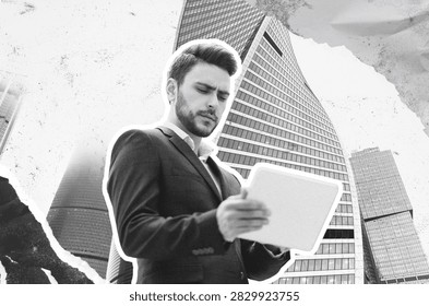 Young Caucasian Man Using Tablet In Business Attire Outdoors, Urban Environment, Professional Concept