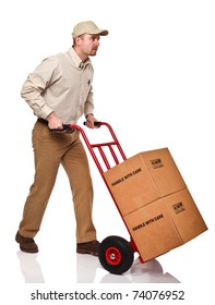 young caucasian manual worker with hand truck on white background