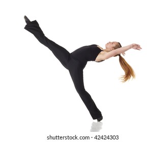 Young Caucasian Modern Jazz Dancer In A Black Top And Black Pants On A White Background Displaying Various Positions. NOT ISOLATED