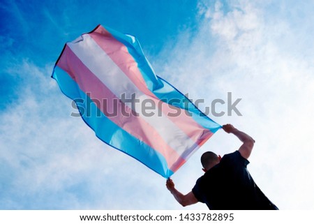 a young caucasian person, seen from behind, holding a transgender pride flag over his or her head against the blue sky Foto stock © 