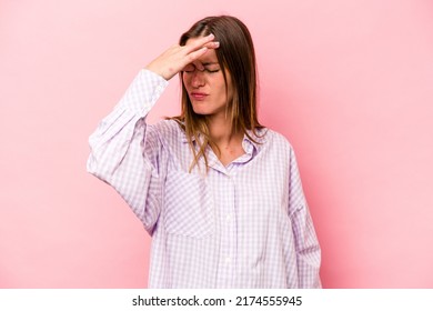 Young Caucasian Pregnant Woman Isolated On White Background Having A Head Ache, Touching Front Of The Face.