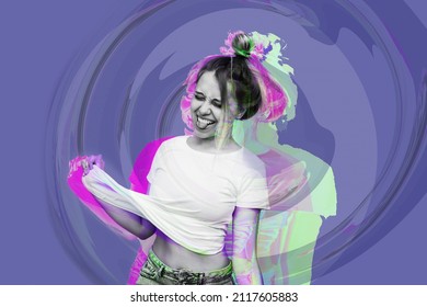 A Young Caucasian Ridiculous Woman Shows Tongue Grimacing And Pulling Up Her White T-shirt On Abstract Very Peri Color Background. Trendy Collage In Magazine Style. Contemporary Art. Modern Design