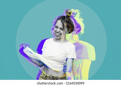 A Young Caucasian Ridiculous Woman Shows Tongue Grimacing And Pulling Up Her White T-shirt Isolated On A Teal Blue Color Background. Trendy Abstact Collage In Magazine Style. Modern Contemporary Art