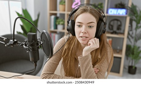 A young caucasian woman with blonde hair speaks into a microphone in a modern radio studio, portraying professionalism and focus. - Powered by Shutterstock