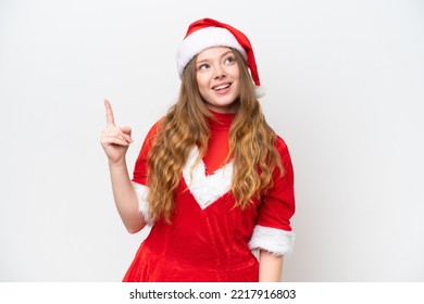 Young Caucasian Woman With Christmas Dress Isolated On White Background Pointing Up And Surprised