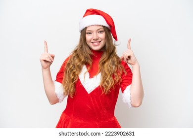 Young Caucasian Woman With Christmas Dress Isolated On White Background Pointing Up A Great Idea