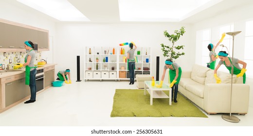 Young Caucasian Woman Cleaning Home In Different Places At The Same Time